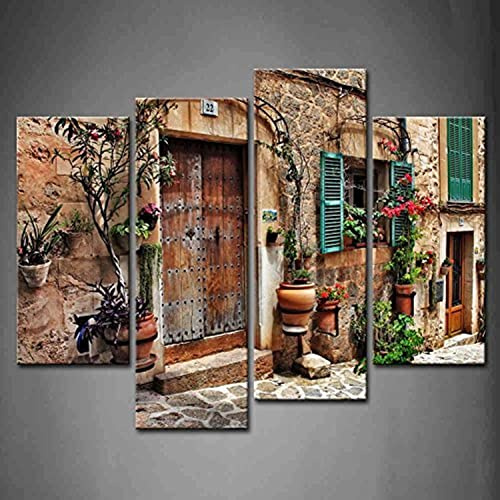 4 Panel Wall Art Street Of Old Mediterranean Town Flower Door Windows Painting The Picture Print On Canvas Architecture Pictures For Home Decor Decoration Gift Stretched By Wooden Frame Ready To Hang