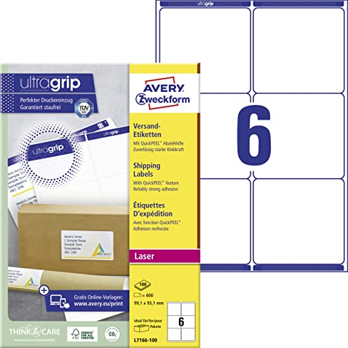 AVERY Zweckform L7166-100 Versandetiketten/Versandaufkleber (600 Etiketten mit ultragrip, 99,1x93,1mm auf A4, bedruckbar, selbstklebend, für kleine, mittlere Pakete und Versandrollen) 100 Blatt, weiß
