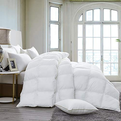 Luxurious 800 Thread Count Hungarian Goose Down Comforter Duvet Insert - King/Cal King Size, 75 oz. Fill Weight, Premium Baffle Box, 100% Egyptian Cotton Cover (White)
