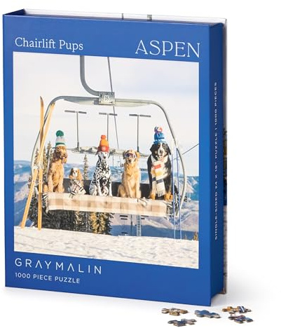 Gray Malin Chairlift Pups Aspen 1000 Piece Puzzle, Collector Book Box