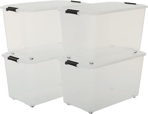 Iris Ohyama, Boîtes de rangement plastique de 70L, Lot de 4, TBR-70, Transparent, Clips de fermeture- L68 x P39 x H38 cm