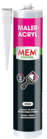MEM Maler-Acryl, Für Renovierungsarbeiten und zum Abdichten, Innen und außen anwendbar, Überstreichbar, Überputzbar, Lösemittelfrei, 300 ml, Weiß