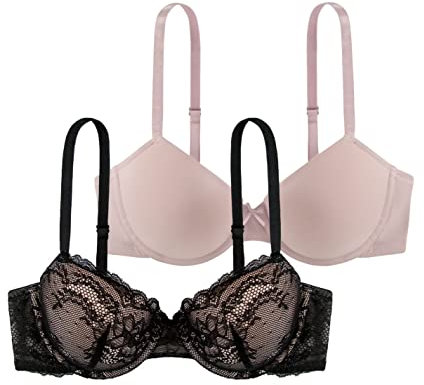 Dorina Set Reggiseni Chloe, Reggiseni Lightly Padded con Ferretto, in Pizzo Floreale e Morbido Tessuto Micro, Spalline Regolabili, Nero e Rosa Cipria