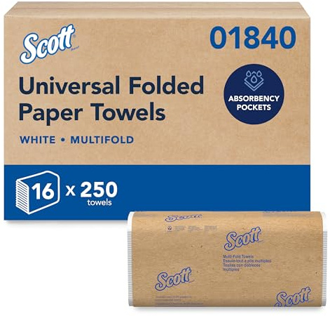 Scott Essential (01840) toallas de papel multipliegue con bolsillos de absorción de secado rápido, color blanco, 1 Case (16 Packs), blanco, 4000