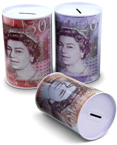 Money Box Set of 3 – Metal Money Saving Tins You Can’t Open | Piggy Bank for Adults & Kids | Coin Cash Saving Box | £10 £20 £50 UK Banknote Design