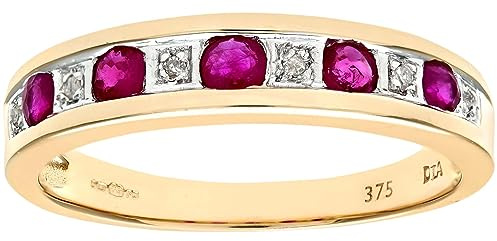 Naava Women's Eternity Ring, 9 ct Yellow Gold Diamond and Ruby Ring, Channel Set, Size M