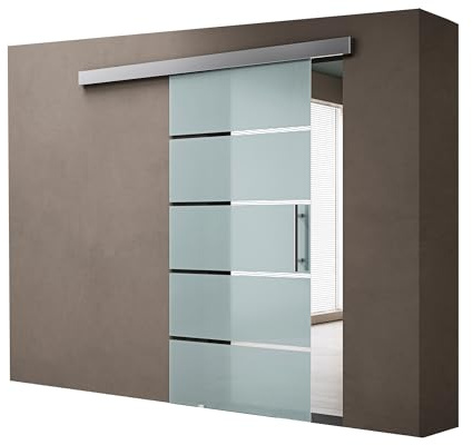 doporro Porta Scorrevole in Vetro 90x205cm, Porte Scorrevoli con Sistema Softclose Satinato con Strisce Trasparenti con Maniglia Per Asta per Bagno Cucina Ufficio, Amalfi TS13-900SC MSLG