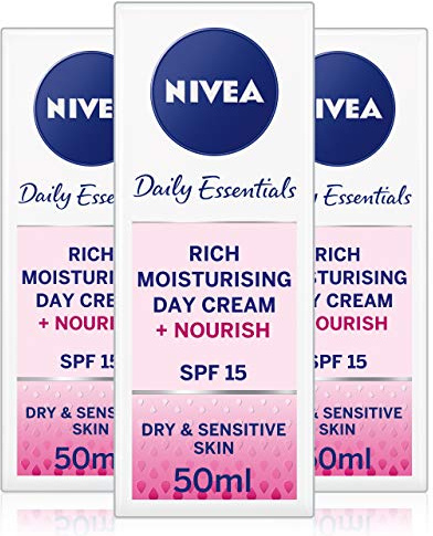 NIVEA Caring Day Face Cream SPF 15 (3 x 50ml), Nourishing Moisturiser with SPF 15 and Hyaluronic Acid, 48H Hydration Face Moisturiser for Dry Skin