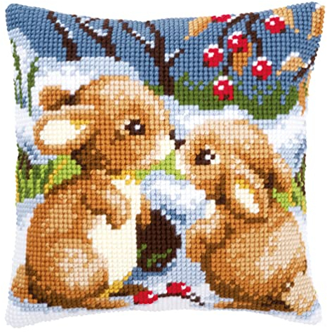 Vervaco Kreuzstich Stickpackungen Kissen Front zum Selbersticken mit Stickbild auf 100% Baumwoll Stoff und Stickgarn, Stickvorlagen 40 x 40 cm mit Anleitung, Kaninchen