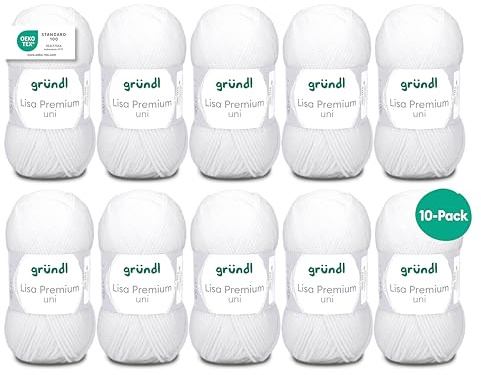 Gründl Laine Lisa Premium uni - Fil pour tricoter - Fil à tricoter - Fil à crocheter - Doux et agréable pour la peau - 100% polyacrylique 10 pelotes 50 g / 133 m - Taille d’aiguille 3,5-4,5 - blanc