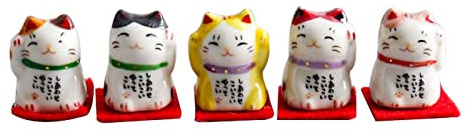 Yakushigama Mini Maneki Neko Set - 6 Antique Black Porcelain Cat Figurines
