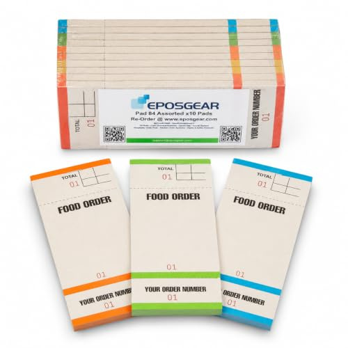 EPOSGEAR PAD84 Food Order Pads Single Copy Two Perfs Tear Off Customer Slip Numbered 1-100 Coloured Waiter Pads Restaurant Cafe Pub Takeaway 63mm x 152mm (Pack of 200)