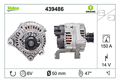 VALEO 439486 Alternatore Amperaggio: 150 Amp Alette: 6 alette Diametro puleggia: 51 mm Voltaggio: 14 V Direzione di rotazione: CLOCKWISE