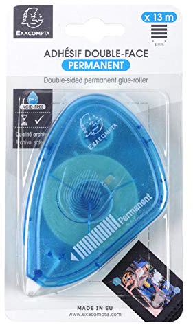 Exacompta - Réf. 12996E - 1 Dérouleur d'adhésif double-face permanent pour photos - Longueur : 13 m - dérouleur de couleur turquoise - Adhésif permanent prédécoupé