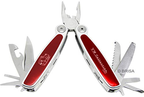 BRISA VW Collection - Volkswagen Multitool faltbares Taschenwerkzeug 8 in 1 Edelstahl Multifunktional in Retro/Vintage mit T1 Bus (Silhouette/Rot)