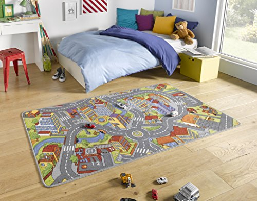 Hanse Home Play Spielteppich Smart City –Kinderteppich Jungen & Mädchen Kurzflor Teppich Straßen-Spielteppich Stadt Auto Straße-Motiv für Schlafzimmer, Kinderzimmer, Spielzimmer –90x200cm
