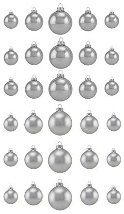 Thüringer Glasdesign A030-0468-1310 - 30 teiliges Glaskugel-Sortiment in Silber, Uni glanz und matt sortiert, verschiedene Kugel-Größen