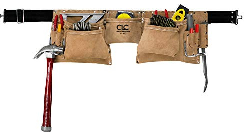 Custom LeathercraftI427X Heavy Duty Contractor-Grade Suede Leather Work Apron, 2 Steel Hammer Loops, 12 Pockets, Tan , Brown
