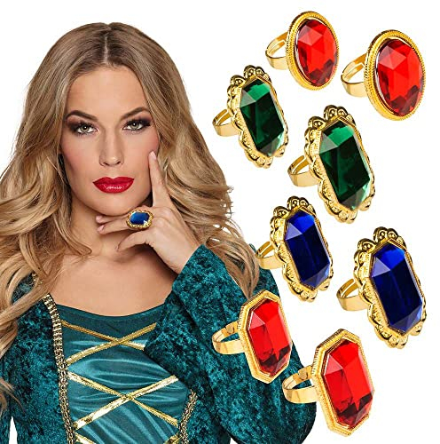 Boland 00636 - 8-teiliges Ringe-Set, Modeschmuck mit farbigen Steinen, Gold, in der Größe verstellbar, Kaiser, König, Märchen, Accessoire, Kostüm, Karneval, Mottoparty