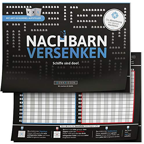 DENKRIESEN - NACHBARN VERSENKEN - Schiffe sind doof - Schiffe versenken neu aufgelegt | Spielblock | Partyspiel | Reisespiel | Wichtelgeschenk | Geburtstagsgeschenk | Spiel für 2 Personen