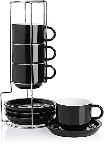Sweejar Cappuccinotassen aus Porzellan mit Untertassen und Metallständer, stapelbare Espressotassen für spezielle Kaffeegetränke, Latte, Americano, Tee, 237 ml, 4 Stück (schwarz)