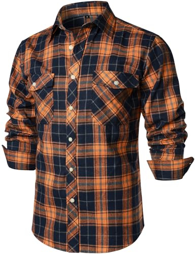 ZEROYAA Men's Casual Regular Fit Button Up Flannel Checked Plaid Shirts with Pockets ZLCL41 Orange XX-Large