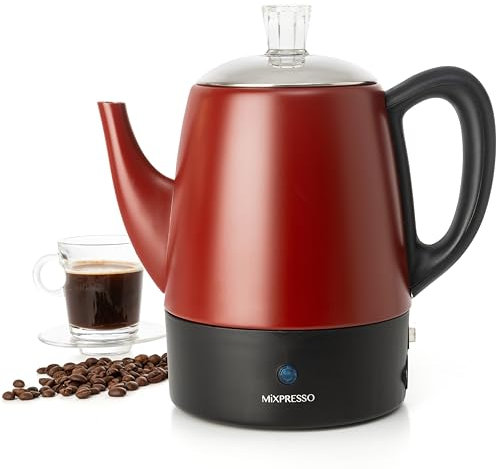 Mixpresso 4 Cup Red Small Electric Percolator Coffee Pot, Stainless Steel