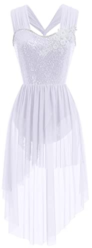 Lyrische Tanzkostüme Frauen Moderne Contemporary Tanz Kostüme Damen Ballettanzug Ärmellos Tanzkleid Ballettkleid Pailletten High Low Tüllkleid Gymnastik Leotard Kleid Ballett Trikot Weiß M