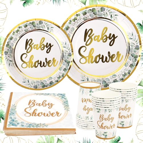 Baby Shower Plates Cups Napkins - Lemicin 120pcs Sage Green Paper Tableware Set for 30 Guests Jungle Theme Baby Shower Decorations for Gender Reveal Party
