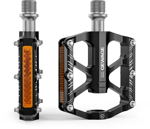 Mountain Bike Pedals - 3 Bearings Bicycle Pedals with Reflectors - 9/16” CNC Machined Flat Pedals with Removable Anti-Skid Nails for Road Mountain BMX MTB Bike (Black)