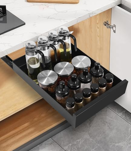 Teleskopschublade, Kein Bohren und Nageln Erforderlich,Ausziehbare Schubladen,Schrank organizer mit Klebefolie, Küchenschrank Organizer Ausziehbar,Schubladenfür Schubladen in Küchenschränken(Schwarz)
