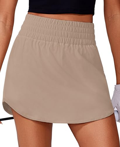 PINSPARK Tennis Skorts for Woman Lightweight Golf Skort Breathable Athletic Skirt Quick Dry Running Skirt 16 Pleated Pickleball Skirts, Khaki XXL