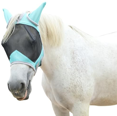 Fly Mask for Horses with Ears Breathable Mesh UV Protection Turquoise Cob