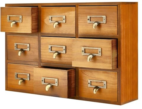 Flexzion Apothecary Cabinet with Drawers - 9 Vintage Drawers, Card Catalog Cabinet, Brown Wooden Tabletop Desktop Organizer for Home Office, Jewelry, Makeup, Tools & Small Item Storage