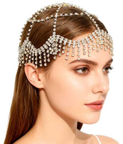 GORGECRAFT Strass huvudkedja guldlegering vintage brud smycken rytande 1920-talet klar kristall brud bal tofs nät kepsar huvudbonad för halloween bröllop kostym fest kvinnor hårtillbehör, 260x260x3mm