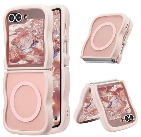 UEEBAI Funda magnética para Samsung Galaxy Z Flip 5/Z Flip 6/7 FE, compatible con MagSafe, diseño de marco transparente ondulado, cubierta de borde suave, mate, a prueba de golpes, color rosa