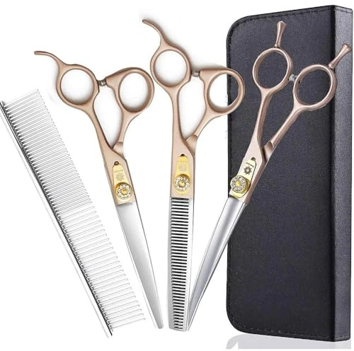 Dream Reach Hundeschere Fellschere 7'' professionelles Tierpflege Set aus 440C japanischer Edelstahl gerade&Gebogene&ausdünnen Schere(15%-25% Ausdünnungsrate) Set