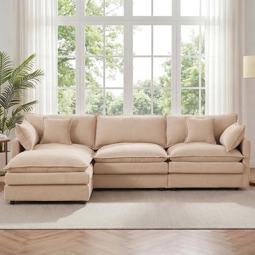 XOCN 102 L Shaped Modular Sectional Sofa, Comfy Upholstery Chenille Cloud Couch with Ottoman, Modern 4-Seat Deep Seat Sofa with Pillow for Living Room, Bedroom, Apartment, Coffee Brown