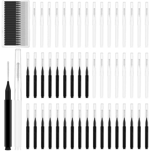 Lot de 50 pinceaux de plastification des sourcils avec capuchon - Pinceaux à sourcils compacts avec couvercle, brosse interdentaire portable et interdentaire, 2 couleurs (noir/blanc) pour extensions