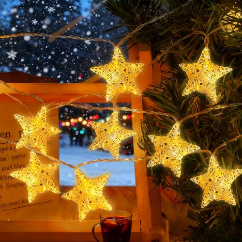 CHENBOOW Guirlande Lumineuse,Guirlande Lumineuse Décorative en Rotin,LED étoile Chaîne,pour Chambre à Coucher,Terrasse,Noël,Fête,Anniversaire
