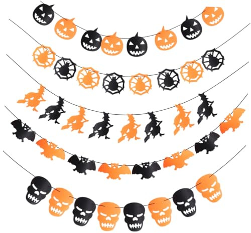 Cabilock Banderín Decorativo para Fiesta de Halloween 5 Piezas de Fieltro Calabaza Esqueleto Murciélago Araña y Bruja Colores Vivos para Decoración de Paredes Puertas y Ventanas Casa
