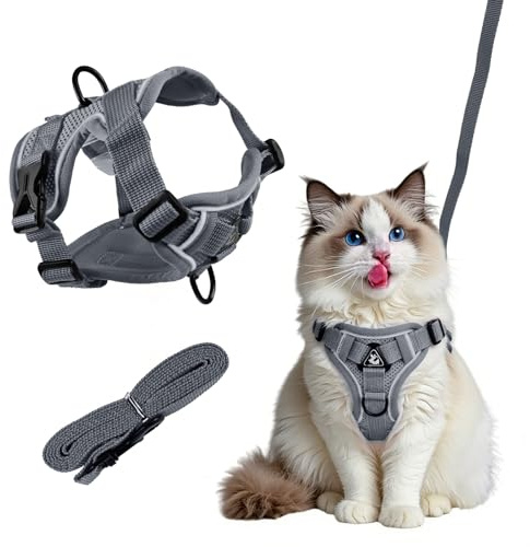 Cat Leash with Reflective Strips, Adjustable Cat Kitten Harness Set, Breathable Cat leash Small Dog Harness with Leash, Comfortable Pet Vest Strap for Walking (Gray, M)