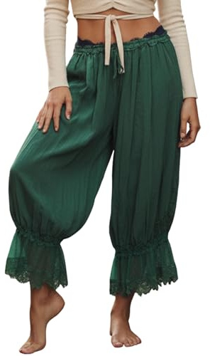 Women's Lace Trim Capri Pants Solid/Floral Print Pantaloons Loose Bloomers | Summer Spring Fall Ruffled Lace Hem Lantern Pants Cropped Elastic Drawstring Waist Mid Rise Pajamas Y2k Going Out Streetwear