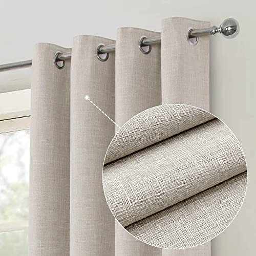 always4u Linen Look 100% Blackout Eyelet Curtains Thermal Energe Saving for Bedroom 1 Pair Noise Reducing Solid Modern Window Treatment for Home Decoration Natural W46*L54