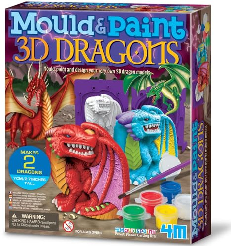 4M Mould & Paint 3D Dragons Kit | Creative Dragon Craft Set with Plaster, Paints, Brush & Carving Tool for Kids Age 5+ | DIY Moulding Activity to Make 2 x 7 cm Tall Models | Fun Art Gift for Children