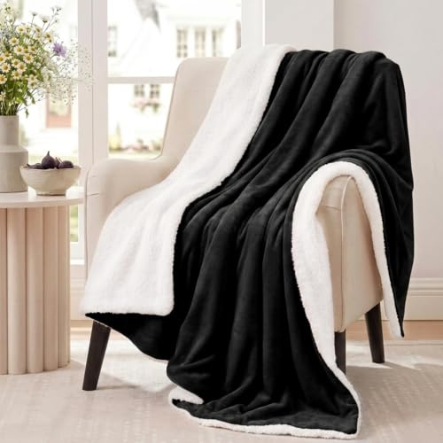 Aisbo Sherpa Fleece Blanket Black Throws - Thick Warm Soft Throw Blanket for Sofa Couch, 130x150cm Fluffy Microfiber Solid Blankets for Bed