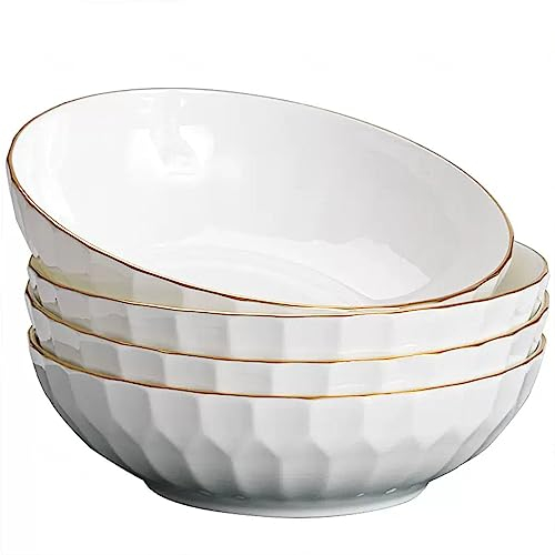 NGDECOR Dessert Plate Elegant White Ceramic Dinner Plates with Gold Trim for Salad Pizza Pasta, 8-inch Round Porcelain Serving Dishes for Kitchen Restaurant, Dishwasher & Microwave Safe