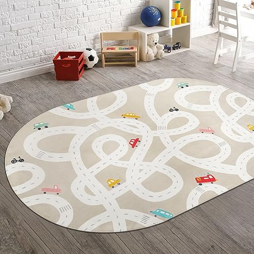 STARUIA Large Kids Rug for Playroom, 4x6 Washable Road Car Rug for Kids Room, Non-Slip Car Carpet for Boys Room, Tan Traffic Classroom Rugs Soft Baby Play Mat for Bedroom Dorm Nursery Tent