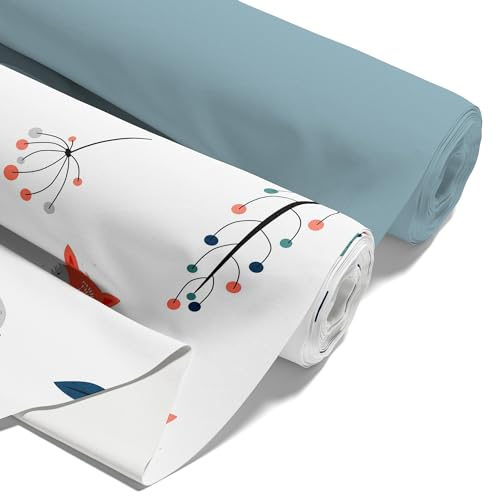 Stoff Baumwollstoff Meterware SET 2x: 1 M x 160 cm - Stoffe zum Nähen Meterware Baumwolle Fabric Dekostoff leichter Nähstoff für Kinder Modestoff Vogelbeeren Salbei