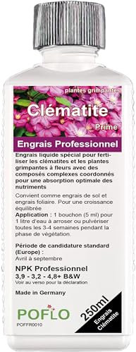 POFLO Engrais pour clématites et plantes grimpantes à fleurs. Engrais complet liquide NPK de haute qualité issu de l'horticulture. (250 ml)